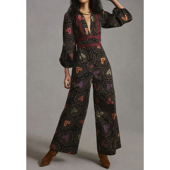 NEW Anthropologie x Farm Rio Deep-V Hearts Print Wide-Leg Jumpsuit, Size Medium - Picture 5 of 8